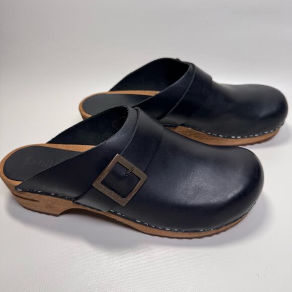 Sanita Shoes - Sanita Urban Wood Clog Black Leather Slip On Backless Buckle Made in Poland 41